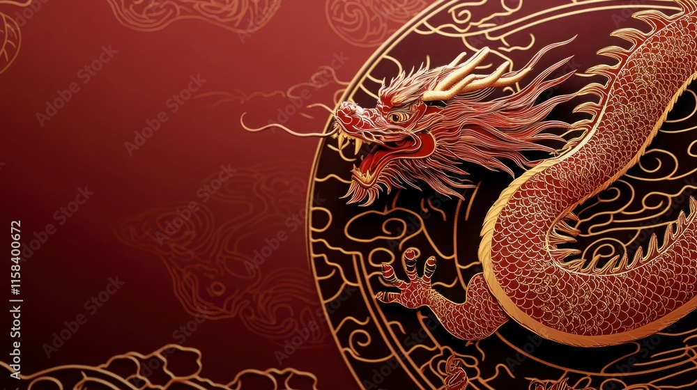 Obraz premium Majestic Red Dragon Illustration with Intricate Gold Details Against a Deep Red Background, Symbolizing Power, Strength, and Prosperity in Asian Culture