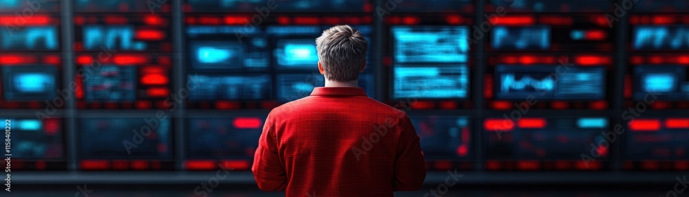 Person in Red Shirt Observing Digital Displays in Dark Environment, Focusing on Data Monitoring and Analysis in a High-Tech Surveillance Room Setup Person in Red Shirt Observing Digital Displays in Dark Environment, Focusing on Data Monitoring and Analysis in a High-Tech Surveillance Room Setup
