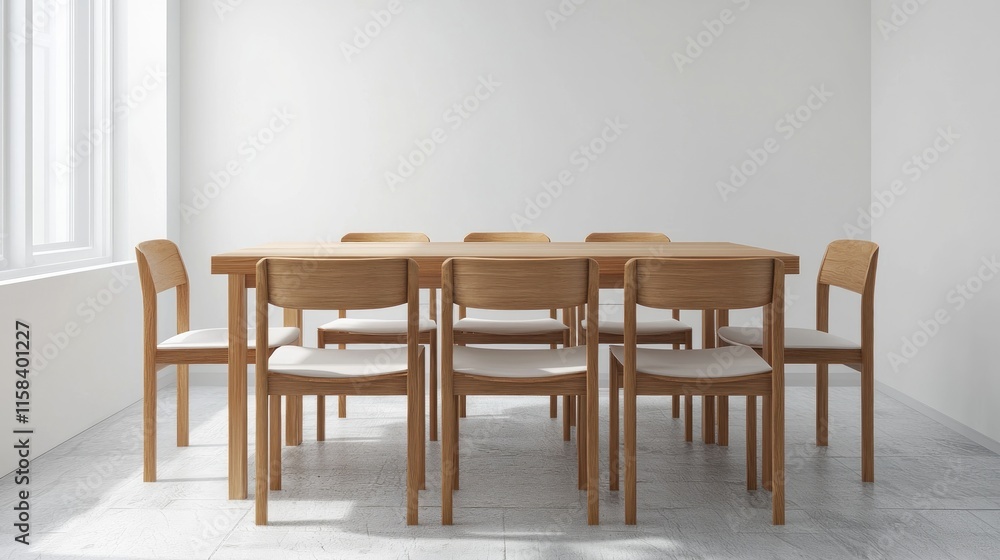 Modern dining area with a wooden table and chairs in minimalistic design. Modern dining area with a wooden table and chairs in minimalistic design.