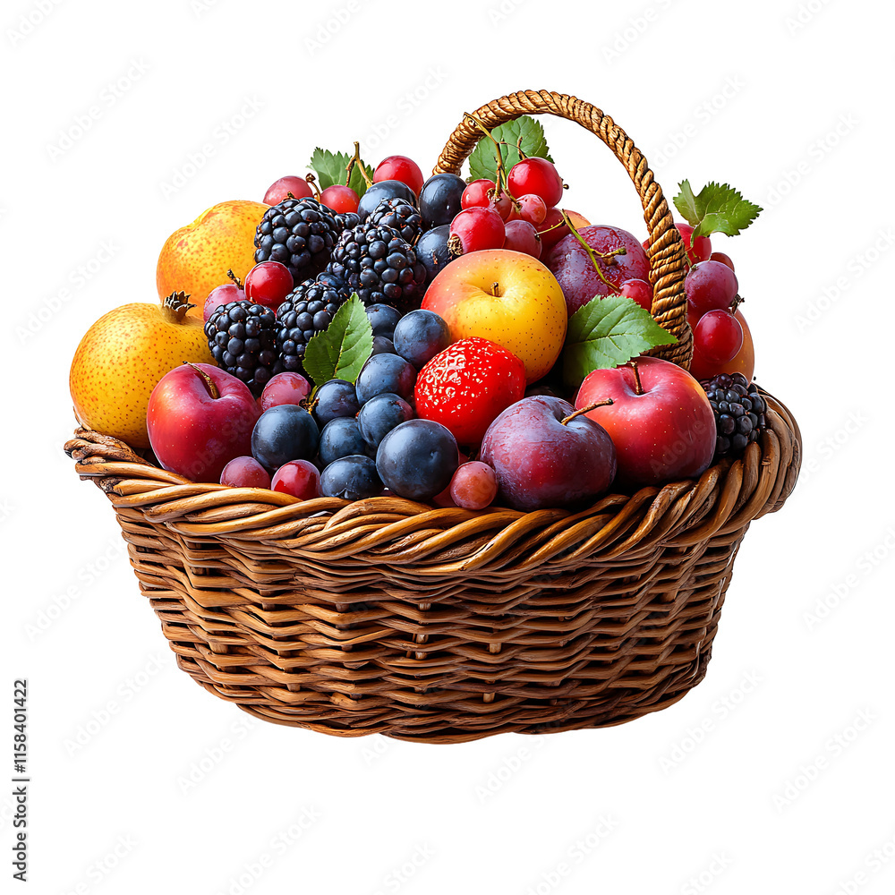 Fresh fruit basket full of berries and plums Transparent Background. Fresh fruit basket full of berries and plums Transparent Background.