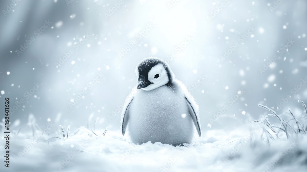 Fototapeta premium A solitary penguin stands in a snowy landscape, surrounded by falling snowflakes.