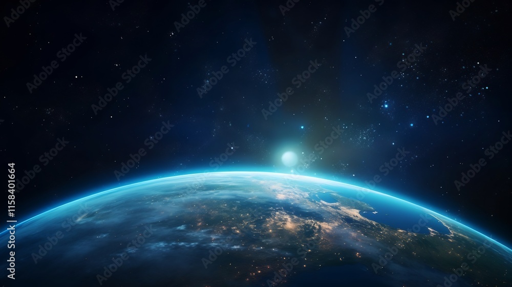 Fototapeta premium Captivating Close up View of Earth Surrounded by the Mesmerizing Glow of the Milky Way Galaxy in the Vast Tranquil Universe