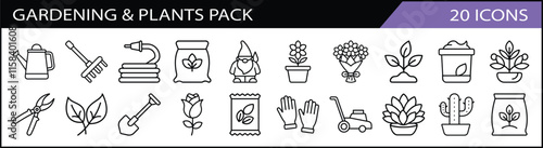 Set of 20 Gardening and Plant Care Icons - A fresh collection of 20 gardening-themed line icons, including tools, plants, flowers, and accessories for garden lovers.