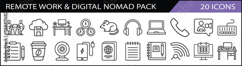 Set of 20 Remote Work and Digital Nomad Icons - A modern collection of 20 remote work-themed line icons, showcasing laptops, coffee cups, calendars, and digital tools for productivity.