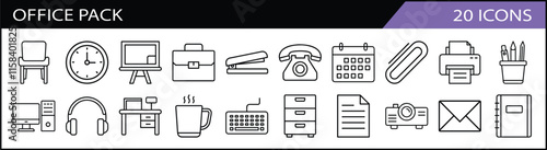 Set of 20 Office Line Icons Pack - A versatile set of 20 office-themed line icons featuring essential tools like computers, desks, stationery, and communication devices.