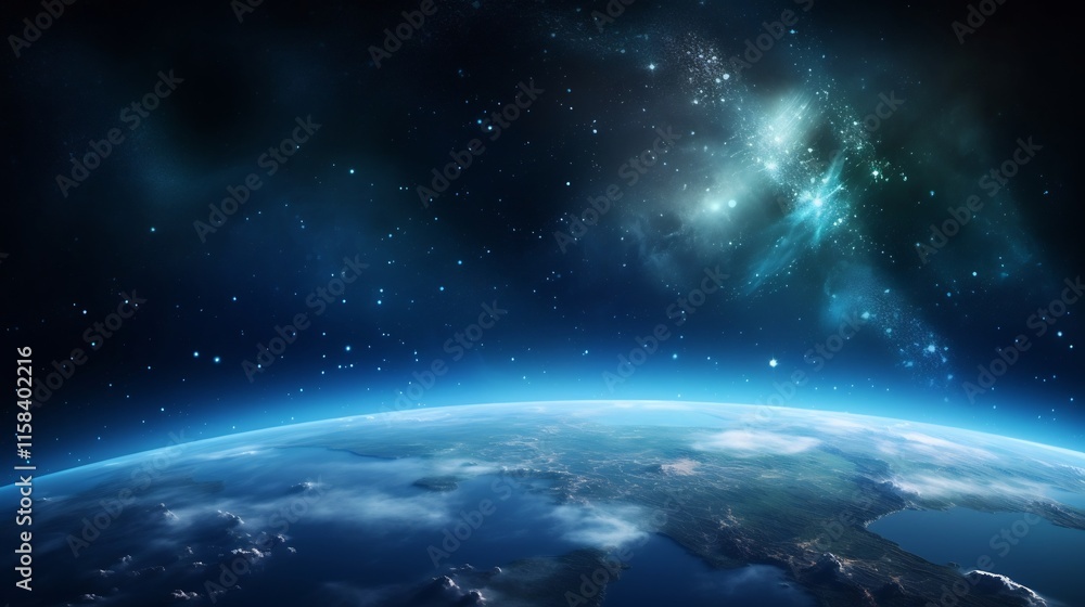 Fototapeta premium Breathtaking celestial view of the Earth enveloped by the glowing luminous Milky Way galaxy in the vast mysterious cosmos