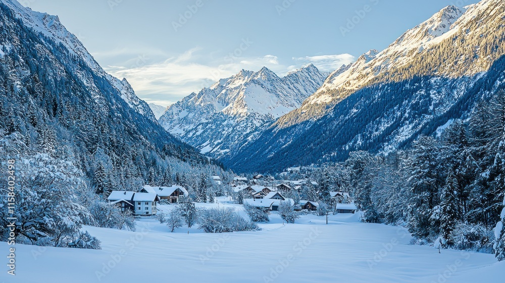 Fototapeta premium Serene winter landscape with snow-covered mountains and a quaint village nestled in the valley.