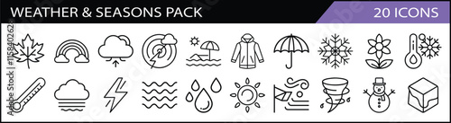 Set of 20 Weather and Seasons Icons Pack - A comprehensive collection of 20 weather and seasonal-themed line icons, featuring sun, rain, snow, storms, and temperature indicators.