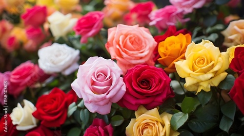 A lush thriving garden bursting with a variety of colorful roses in shades of red pink yellow and white creating a beautiful and fragrant floral display
