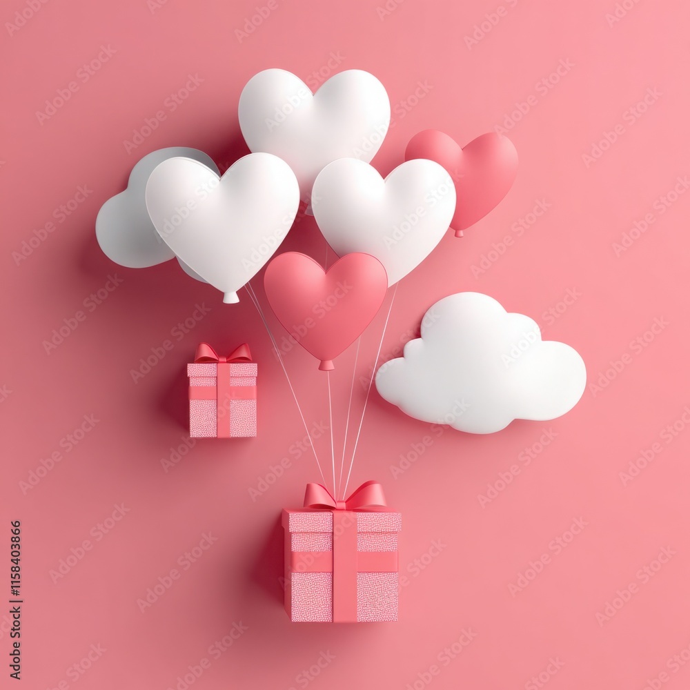 A Charming Arrangement of Heart-Shaped Balloons and Gift Boxes Against a Soft Pink Background Ideal for Celebratory Events and Romantic Occasions A Charming Arrangement of Heart-Shaped Balloons and Gift Boxes Against a Soft Pink Background Ideal for Celebratory Events and Romantic Occasions