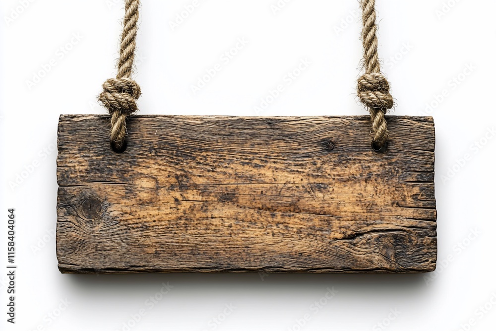 Rustic wooden sign hanging on ropes, isolated on white. Rustic wooden sign hanging on ropes, isolated on white.