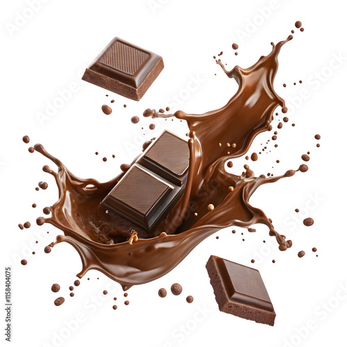 Chocolate pieces surrounded by a dynamic and glossy splash of melted chocolate perfect for advertising or promoting chocolate products