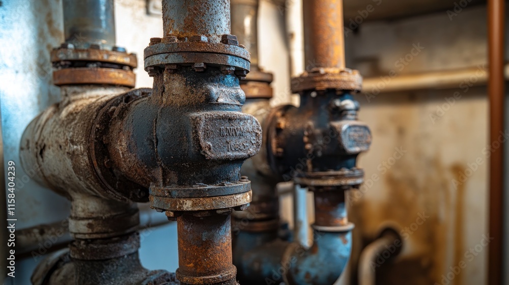 Close-up of rusty industrial pipes and valves in a dimly lit room. Close-up of rusty industrial pipes and valves in a dimly lit room.