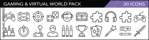 Gaming and Virtual World Icon Pack - A collection of 20 black and white gaming and virtual world icons featuring controllers, trophies, headsets, and game-related symbols.
