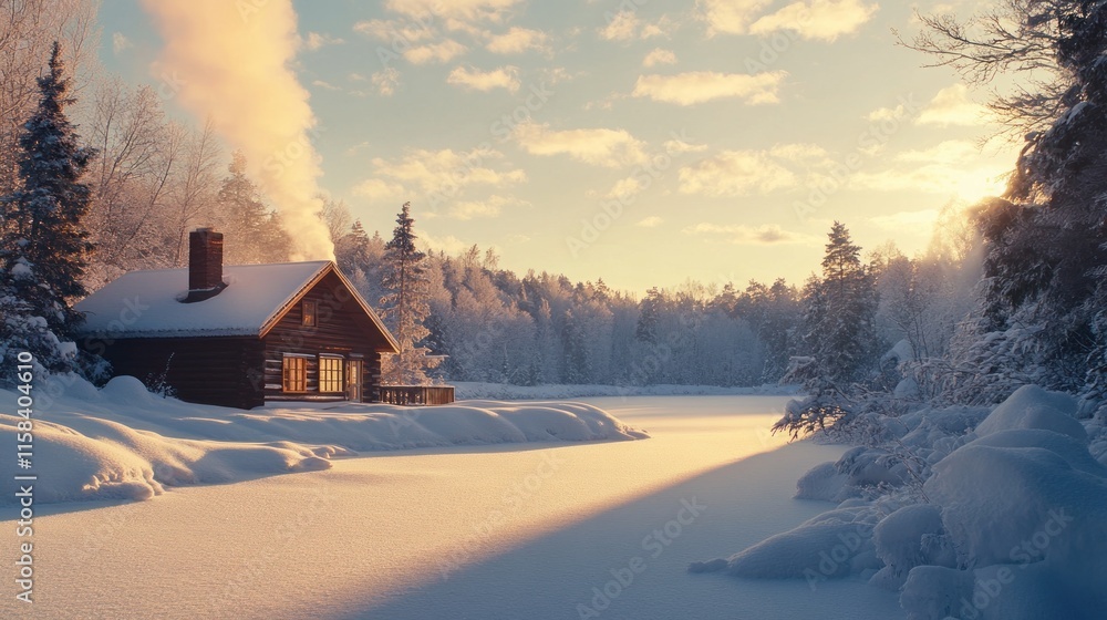 Cozy wooden cabin nestled in a snowy winter landscape at sunrise, emitting warm smoke from its chimney. Cozy wooden cabin nestled in a snowy winter landscape at sunrise, emitting warm smoke from its chimney.