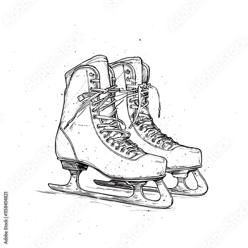 A Pair of Vintage Ice Skates Illustrated in a Black and White Sketch Style.