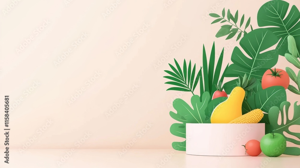 A vibrant arrangement of colorful fruits and lush green leaves, set against a soft, neutral background, creating a fresh and inviting atmosphere. A vibrant arrangement of colorful fruits and lush green leaves, set against a soft, neutral background, creating a fresh and inviting atmosphere.