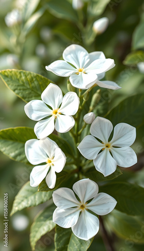 White flowers with leaves is depicted on the canvas. The bud is white. The background of the picture. 3d rendering, hand-drawn digital illustration
