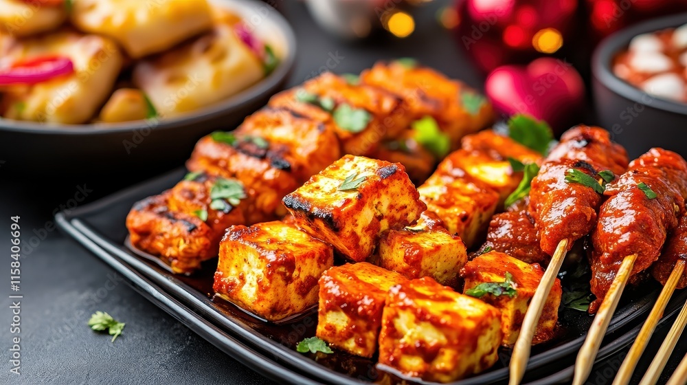 Grilled Paneer Skewers with Spicy Sauce and Colorful Sides Grilled Paneer Skewers with Spicy Sauce and Colorful Sides