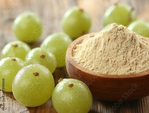 Fresh Amla Powder and Raw Avla on Rustic Wooden Table  - ai photo