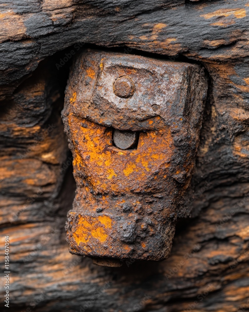 Rusty metal object embedded in aged wood, showing texture and decay. Rusty metal object embedded in aged wood, showing texture and decay.