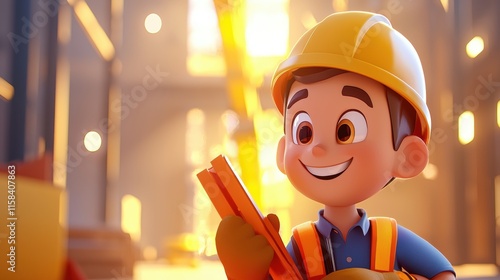 A cheerful cartoon boy wearing a hard hat and safety gear, holding construction tools in a bright, industrial setting. photo