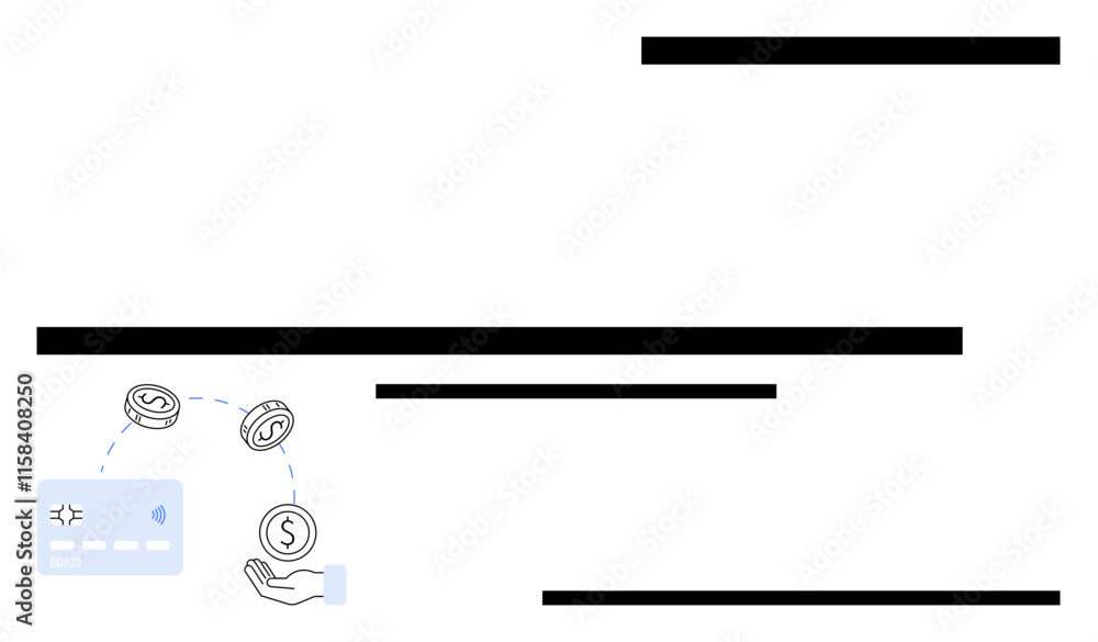 Credit card and coins with a hand, arrows indicating currency exchange process. Ideal for finance, banking, online shopping, e-commerce, digital wallets, payment systems investment tools. Line Credit card and coins with a hand, arrows indicating currency exchange process. Ideal for finance, banking, online shopping, e-commerce, digital wallets, payment systems investment tools. Line