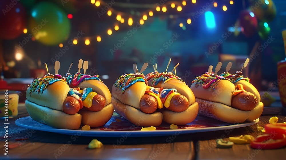 Obraz premium Friends proudly sharing their decorated hotdogs in a friendly challenge