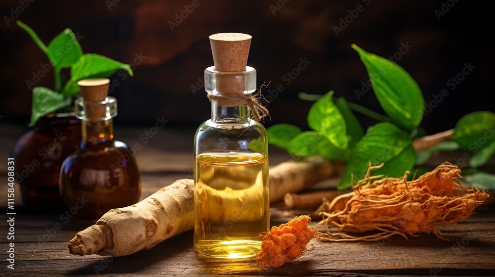 Ginseng extract in amber glass dropper bottle with dried ginseng roots on rustic wooden background Natural herbal supplement alternative medicine traditional asian ingredient concept Ginseng extract in amber glass dropper bottle with dried ginseng roots on rustic wooden background Natural herbal supplement alternative medicine traditional asian ingredient concept
