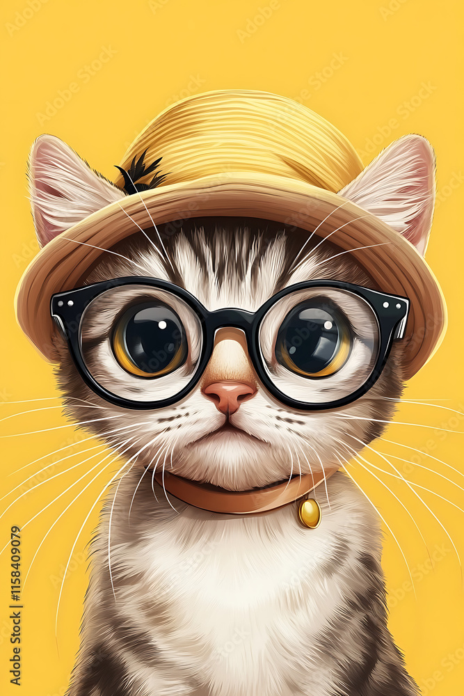 Obraz premium A cute cat wearing a yellow hat and glasses, set against a bright yellow background.