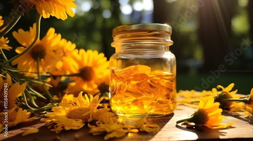 Close up of a small glass jar filled with bright yellow calendula flower extract a natural and organic ingredient used in herbal skincare homeopathic remedies and holistic wellness products photo