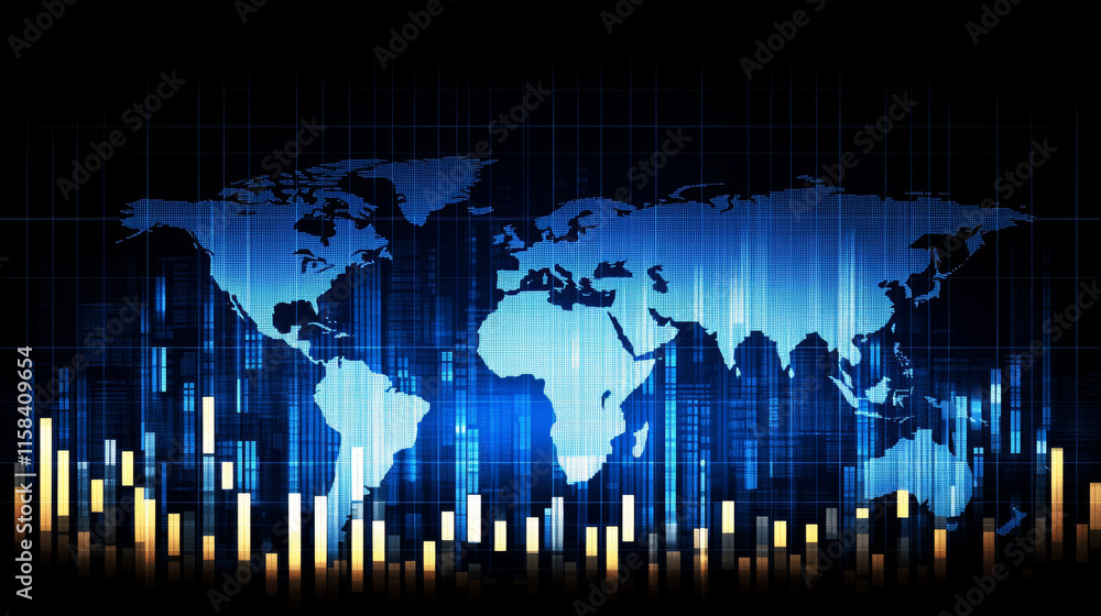 Abstract stock market candlesticks and world map on technology blue background. Low poly wireframe digital growing graph chart with glowing light effect. Vector business banner. Investment concept.
Abstract stock market candlesticks and world map on technology blue background. Low poly wireframe digital growing graph chart with glowing light effect. Vector business banner. Investment concept.
