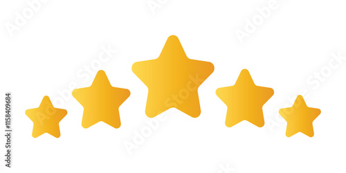 Five stars review. Golden yellow customer feedback stars. Top rate reward icons, quality product symbol. Vector set. Premium service award, client opinion