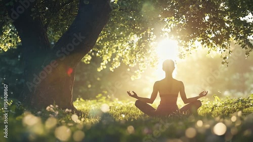 A serene moment capturing a woman meditating under the soft glow of sunlight filtering through lush green trees. Perfect for promoting mindfulness, relaxation, and connection with nature photo