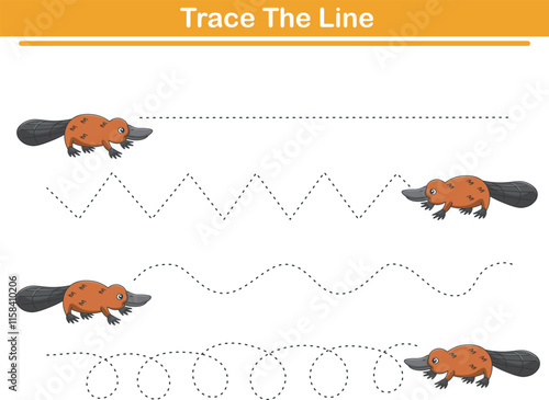 Handwriting Practice. Tracing lines and coloring platipus for children. Vector Illustration