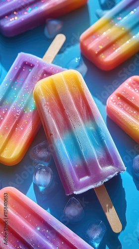 Cute ice pops in rainbow colors with bold outlines and sparkle details. Sweet, Playful, Minimal. photo