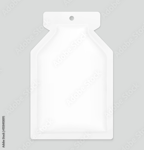 Sachet bag with hole slot mockup for energy gels, sport nutrition, cosmetics. Vector illustration isolated on grey background. Flat lay view. Can be use for template your design, presentation. EPS10