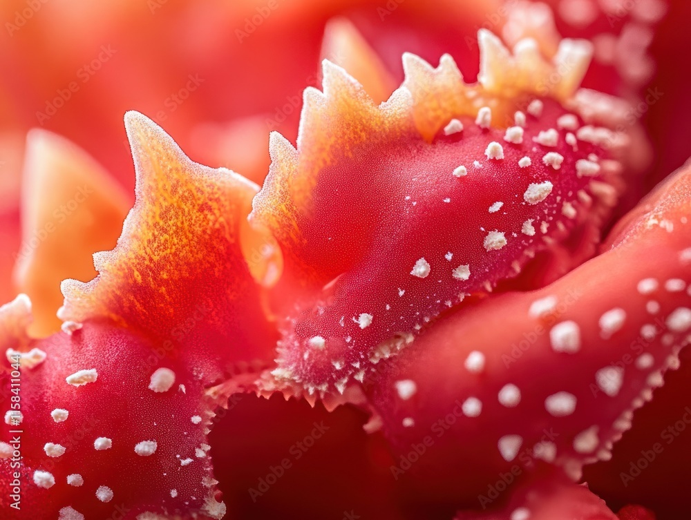 Close-up of vibrant red flower with textured petals and white dots. Close-up of vibrant red flower with textured petals and white dots.