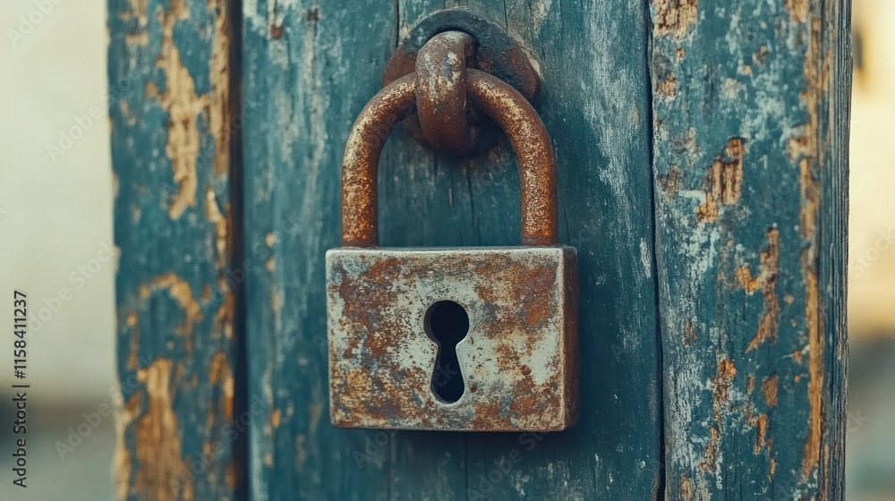 Rusty padlock on weathered teal wooden door. Rusty padlock on weathered teal wooden door.