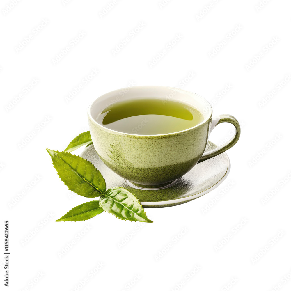 Aromatic Green Tea in a Ceramic Cup with Fresh Leaves Aromatic Green Tea in a Ceramic Cup with Fresh Leaves