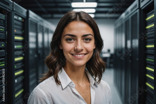 Close portrait of a smiling young Cypriot female IT worker looking at the camera, against dark server room blurred background. photo