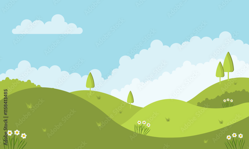 Green meadow with trees and flowers. Vector illustration in flat style Green meadow with trees and flowers. Vector illustration in flat style