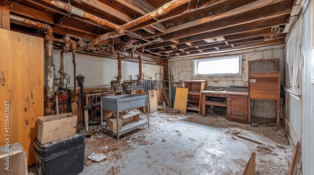 A cluttered, unfinished basement with exposed pipes, old furniture, and debris on the floor. A cluttered, unfinished basement with exposed pipes, old furniture, and debris on the floor.