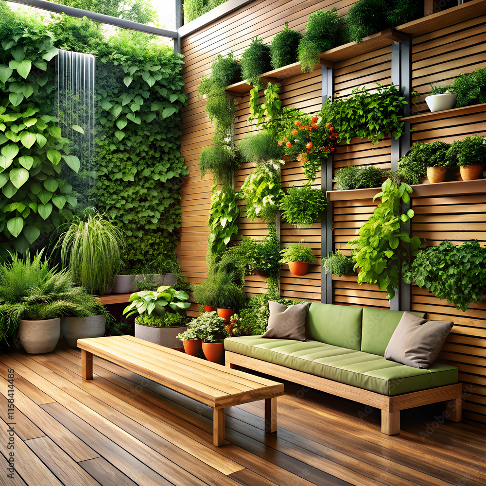 a wooden floor and a vertical garden filled a wooden floor and a vertical garden filled
