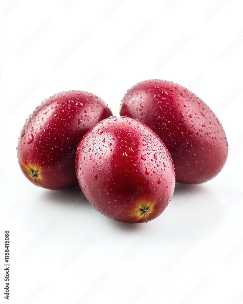 Three ripe, red apples with water droplets on a white background. Three ripe, red apples with water droplets on a white background.