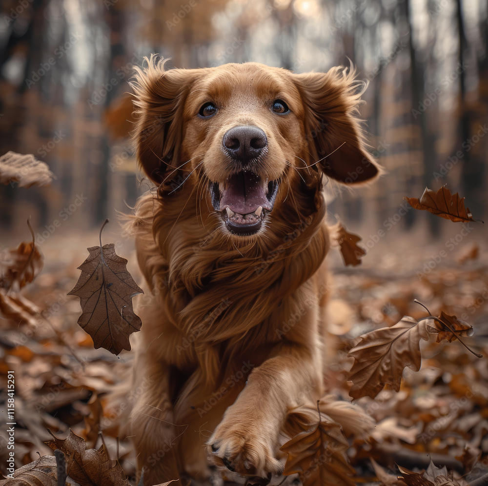 Obraz premium Reddish golden retriever jumping through a pile of leaves in the forest, smiling, very happy, peaceful.