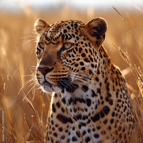 A sleek, muscular leopard stands tall amidst the tall, golden grasses of the savannah, its coat of golden-yellow fur adorned with distinctive black rosettes. photo