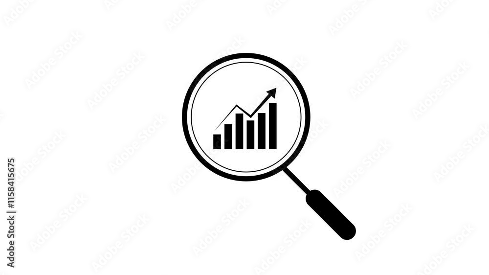 Animated magnifying glass focuses on financial growth graph with white background. Animated magnifying glass focuses on financial growth graph with white background.