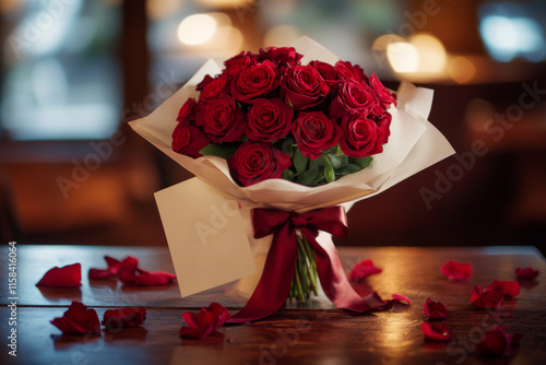 A bouquet of red roses wrapped in white paper and tied with a silk ribbon stands on a rustic wooden table surrounded by scattered rose petals and an empty note.