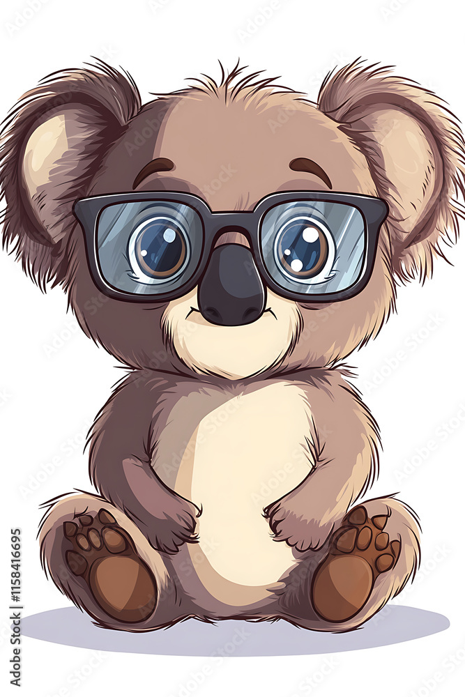 Fototapeta premium A cute cartoon koala wearing glasses, sitting down with a friendly expression.